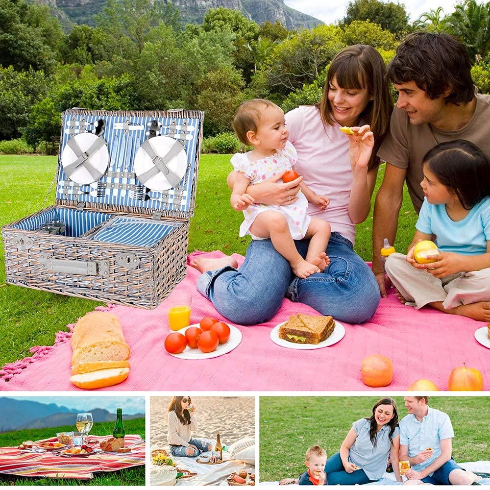Juego de Cestas de Picnic para 4 Personas con Bolsa de Forro Aislante Grande Cesta de Picnic, Bolsa de Picnic portátil con Tapa Suministros de Picnic para Acampar al Aire Libre-B