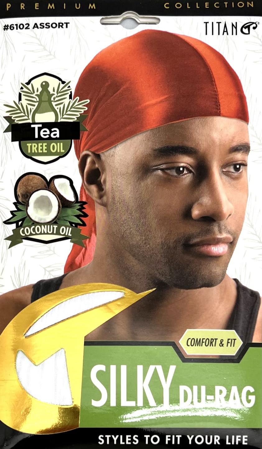 Titan Silky Durag with Long Tail Silk Doo Rags for Men Tea Tree Coconut Oil Satin Durag Headband