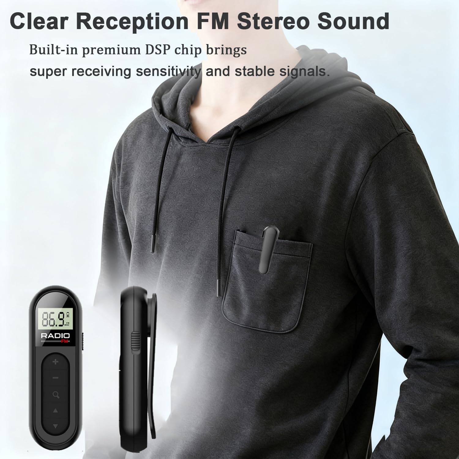 Tragbares Mini Taschenradio, wiederaufladbares FM Transistorradio mit gutem Empfang für Nachrichten und Rundfunk, geeignet für Sport, Laufen und Walking, inkl. Stereo-Kopfhörer, Schwarz