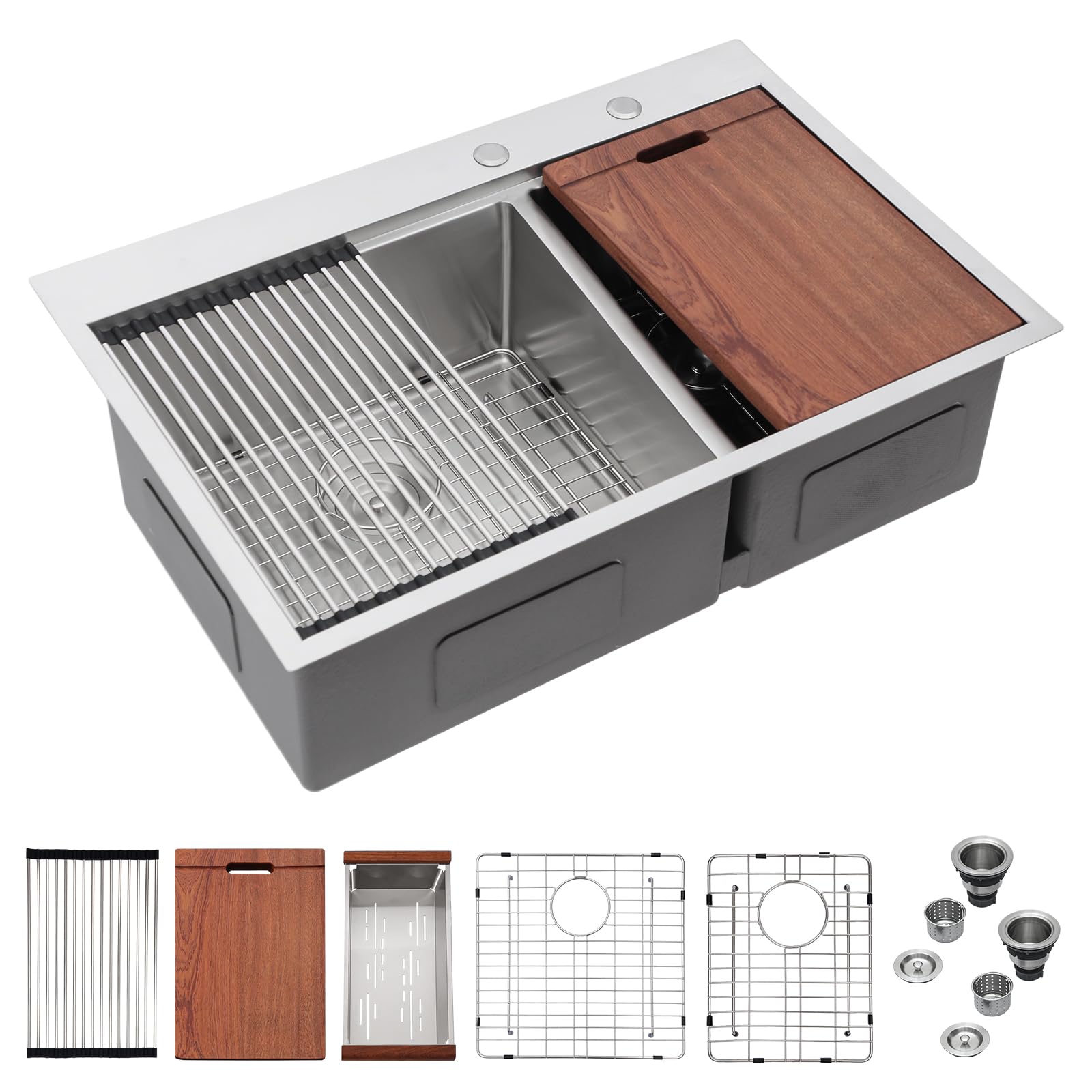 Mocoloo 33 Inch Double Bowl Kitchen Sink - 33 x 22 Drop In Stainless Steel Double Bowl 16 Gauge 60/40 Topmount Kitchen Sink Handmade, 10'' Deep Basin