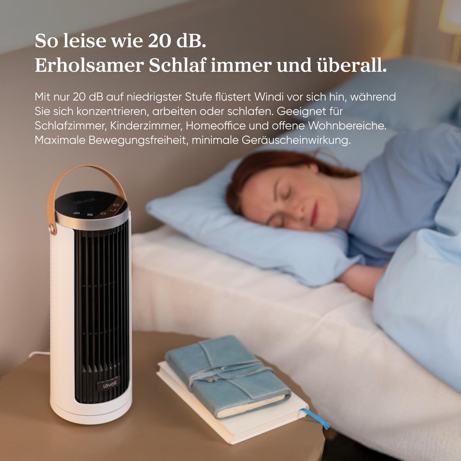 Levoit Kompakt Turmventilator DC Motor leise 20dB 7m/s Kühlung Tischventilator 5 Stufen 90° Oszillation 12 Std Timer Fernbedienung Mondweiß 33 cm