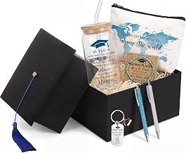 Vesici 8 Pcs Class of 2026 Graduation Gift Box Set for Women Her Grad Cap Box Glass Cup Makeup Bag Bracelet Pen Keychain College High School Graduation Gift for Daughter Sister Friend(Blue)