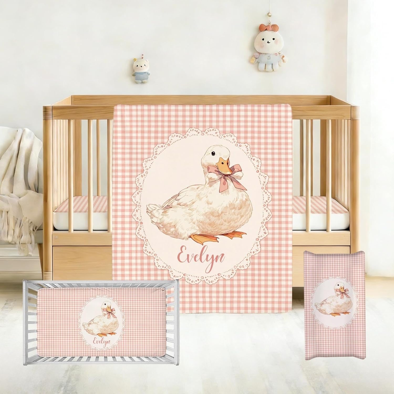 Personalized Baby Girl Crib Bedding Set with Name, Goose with Pink Bow 3 Piece Nursery Bedding with Flannel Blanket, Fitted Crib Sheet and Changing Pad Cover, Newborn Toddler Gift