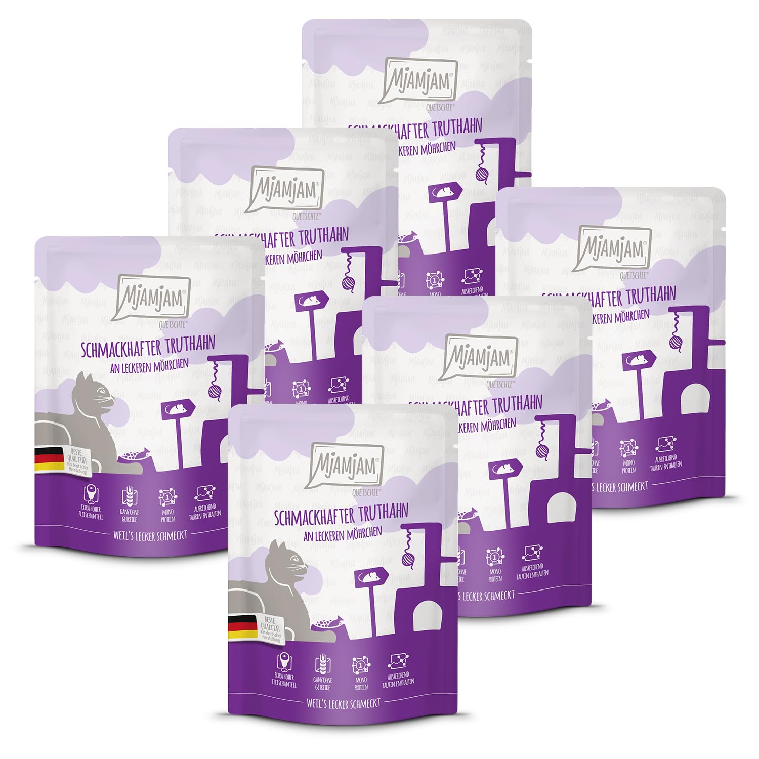 MjAMjAM - Premium Nassfutter für Katzen - Quetschie - schmackhafter Truthahn an leckeren Möhrchen, 6er Pack (6 x 300 g), getreidefrei mit extra viel Fleisch