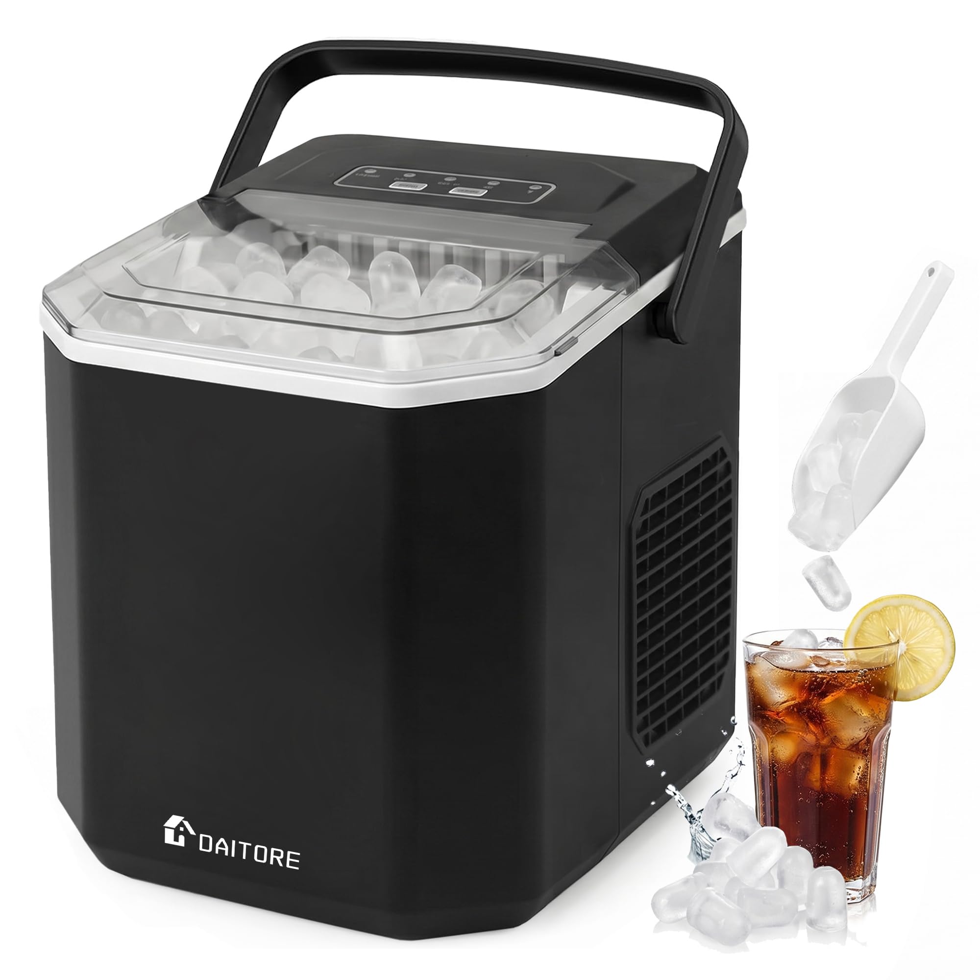 Eiswürfelmaschine Klein, Eiswürfelbereiter mit Tragbarem Griff, 2 Eiswürfel Größen, 9 Würfel in 6 Minuten Fertig, Selbstreinigende Eiswürfelmaschinen Ice Maker für Zuhause