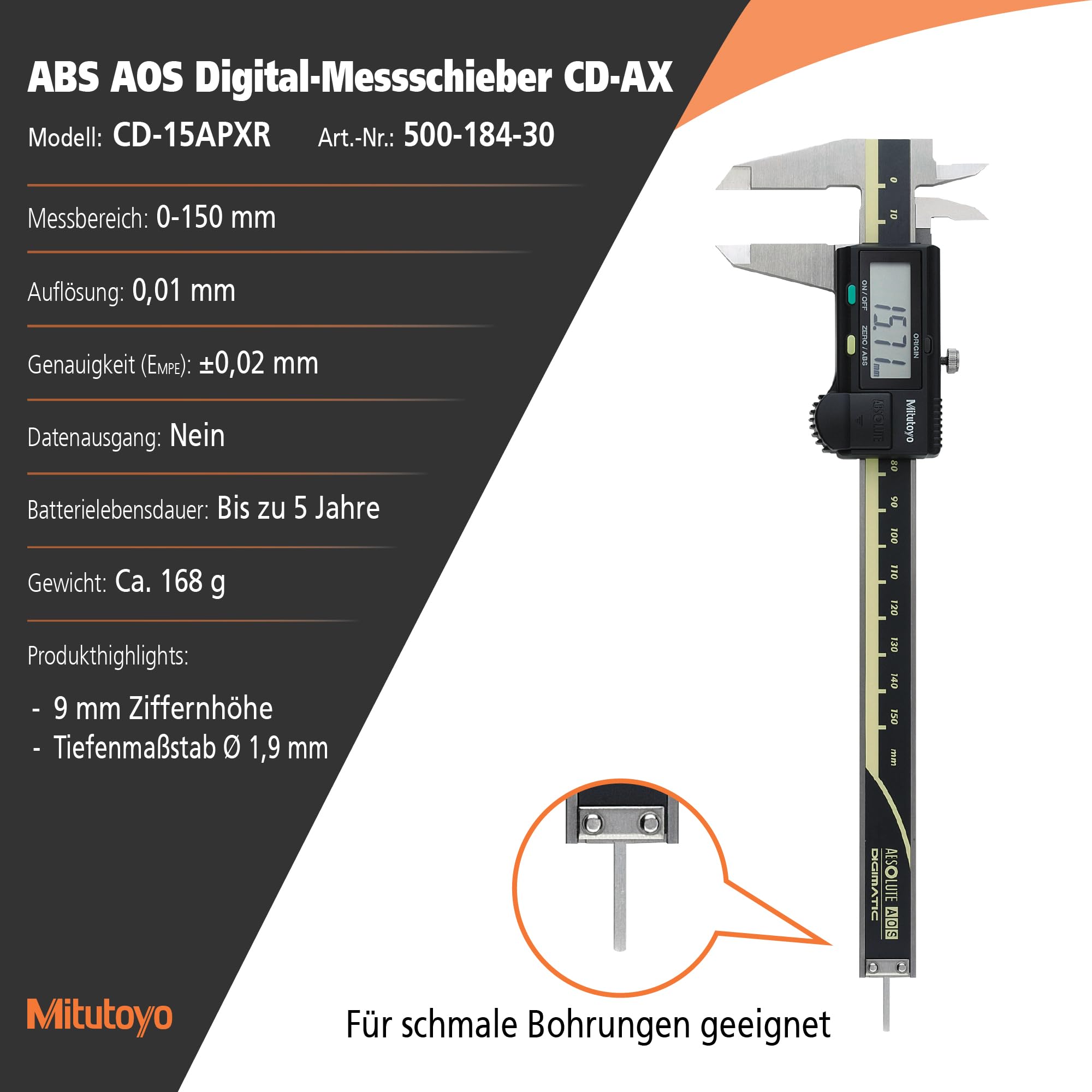 MITUTOYO Digital Messschieber ohne Datenausgang DIN 862, Tiefenmaß rund 0-150 mm, 1 Stück,500-184-30