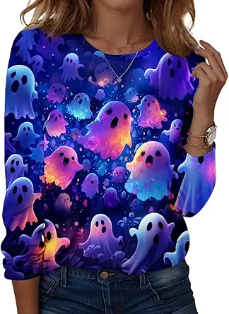 Halloween Shirts for Women Long Sleeve Plus Size Fashion Crewneck Comfortable Tshirts Halloween Costumes for Women