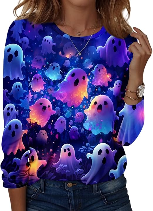 Halloween Shirts for Women Long Sleeve Plus Size Fashion Crewneck Comfortable Tshirts Halloween Costumes for Women