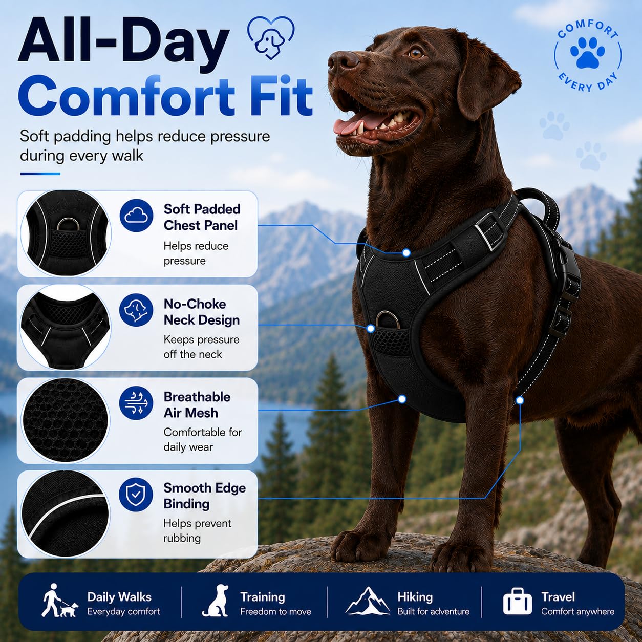 Arnés Reflectante cómodo para Perros pequeños a Grandes, sin tirones, con asa Delantera y Trasera, asa de fácil Control, Ajustable, Suave, Acolchado, para Perros pequeños a Grandes (L, Negro)