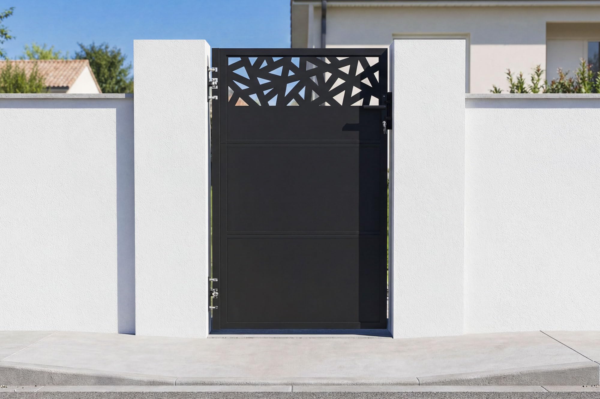 Casanoov - Portillon Acier Galvanisé NALI RUIVO - 103 x 160 cm - 1,03 m x 1,6 m 1,65 m² - Noir Mat - Motif Géométrique - Passage Piéton Sécurisé - Kit Complet Serrure Et Visserie