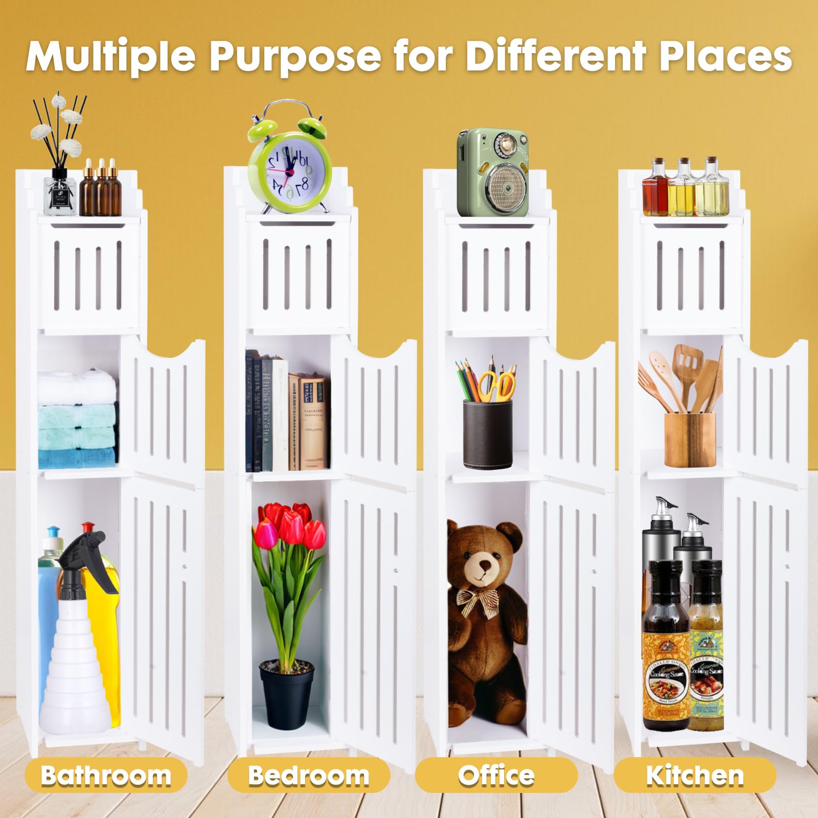 ShellKingdom Soporte para papel higiénico, gabinete de almacenamiento de baño con puertas y estantes, gabinete de almacenamiento delgado para baño, espacios pequeños, organizador de estante esquinero,