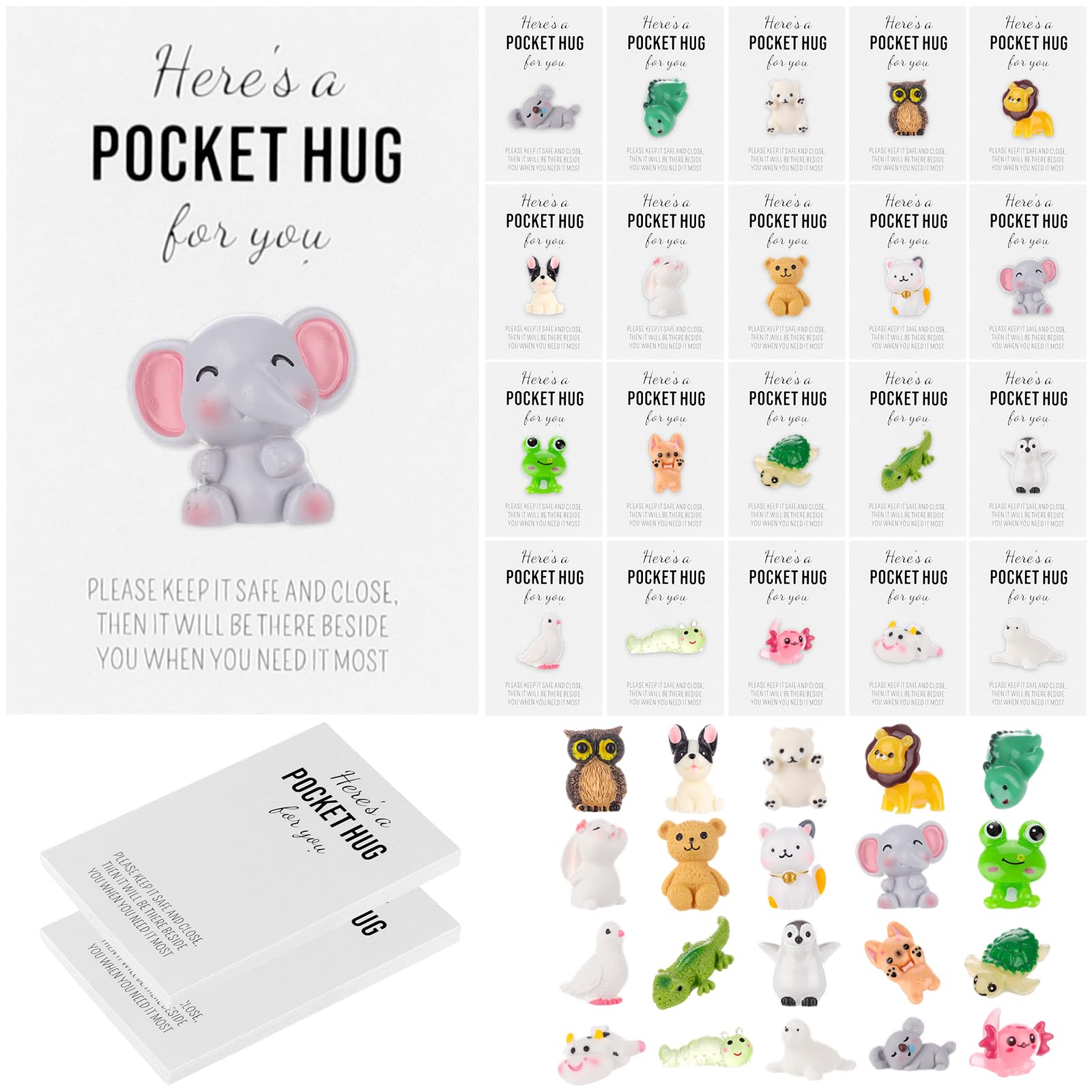 20 Sets Pocket Hug Gift Bulk Tokens Small Thank You Gifts for Colleagues with Mini Resin Animals Inspirational Pocket Hug Cards Emotional Appreciation Gifts for Coworkers Teacher Employee Team Staff