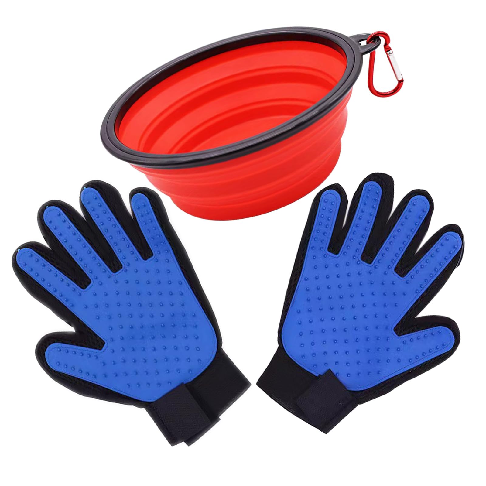 Pet Grooming Gloves and Pet Collapsible Bowls Suits, Dog Washing Gloves for Long and Short Hair Dogs & Cats 1 Pair,Portable pet Feeding Bowl.