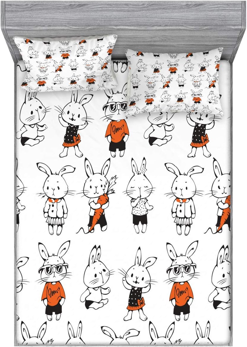 Ambesonne Funny Fitted Sheet & Pillow Sham Set, Retro Bunny Rabbits with Costumes Jack Hare Funky Bunnies Carrot Sketch Style, Decorative Printed 3 Piece Bedding Decor Set, Full, Orange White