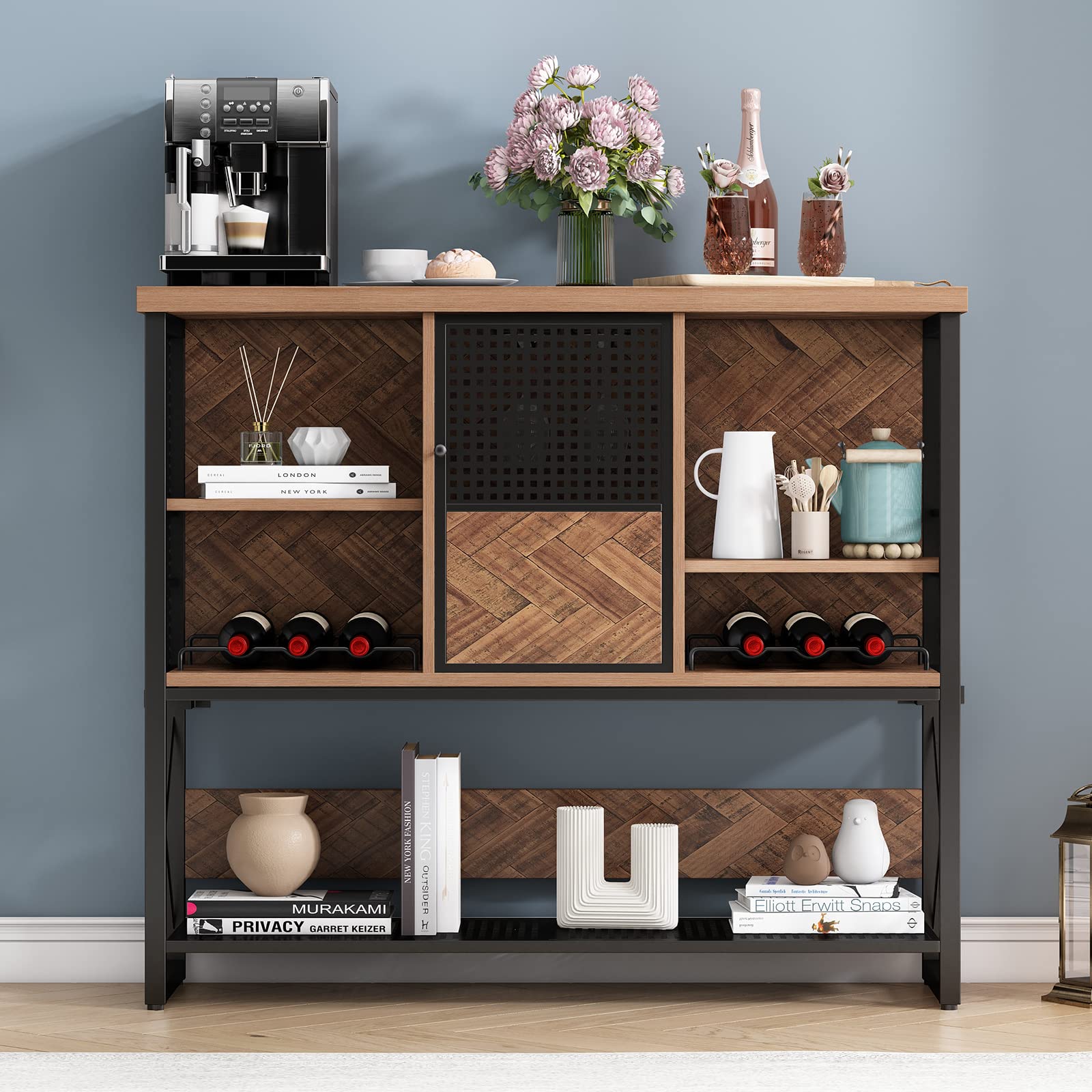 Rustic Buffet Cabinet Sideboards, Industrial Kitchen Buffet with Wine Rack and Mesh Door, Modern Wine Bar Cabinet Furniture for Home Living Room and Dining Room (Rustic Brown)