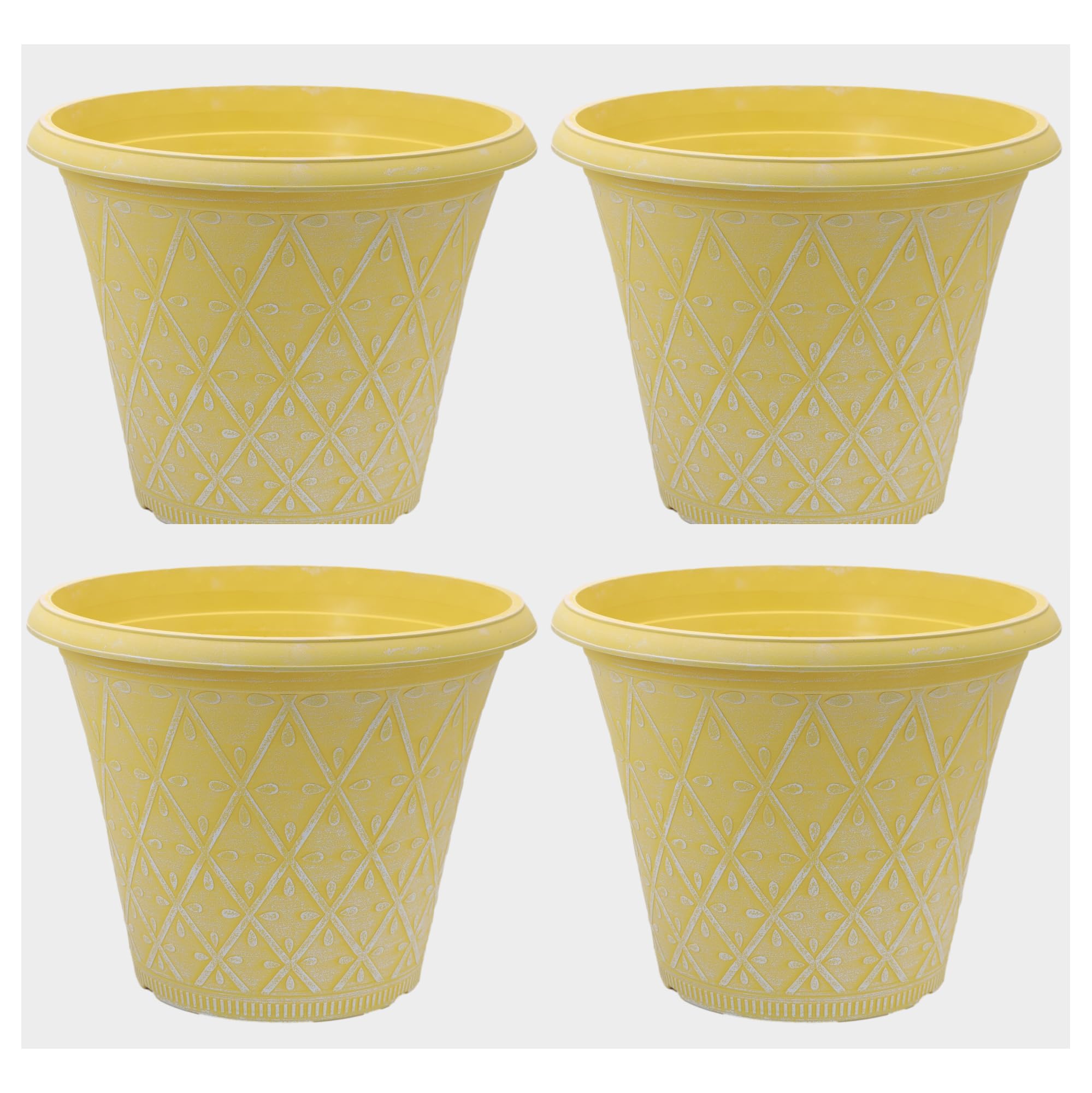 Fyne-Finds Yellow Set Of 4 Round 30Cm, 12Inch Garden Plastic Material Plant Pot Outdoor Planter Decorative Cover, Drainage Holes, Weather Proof