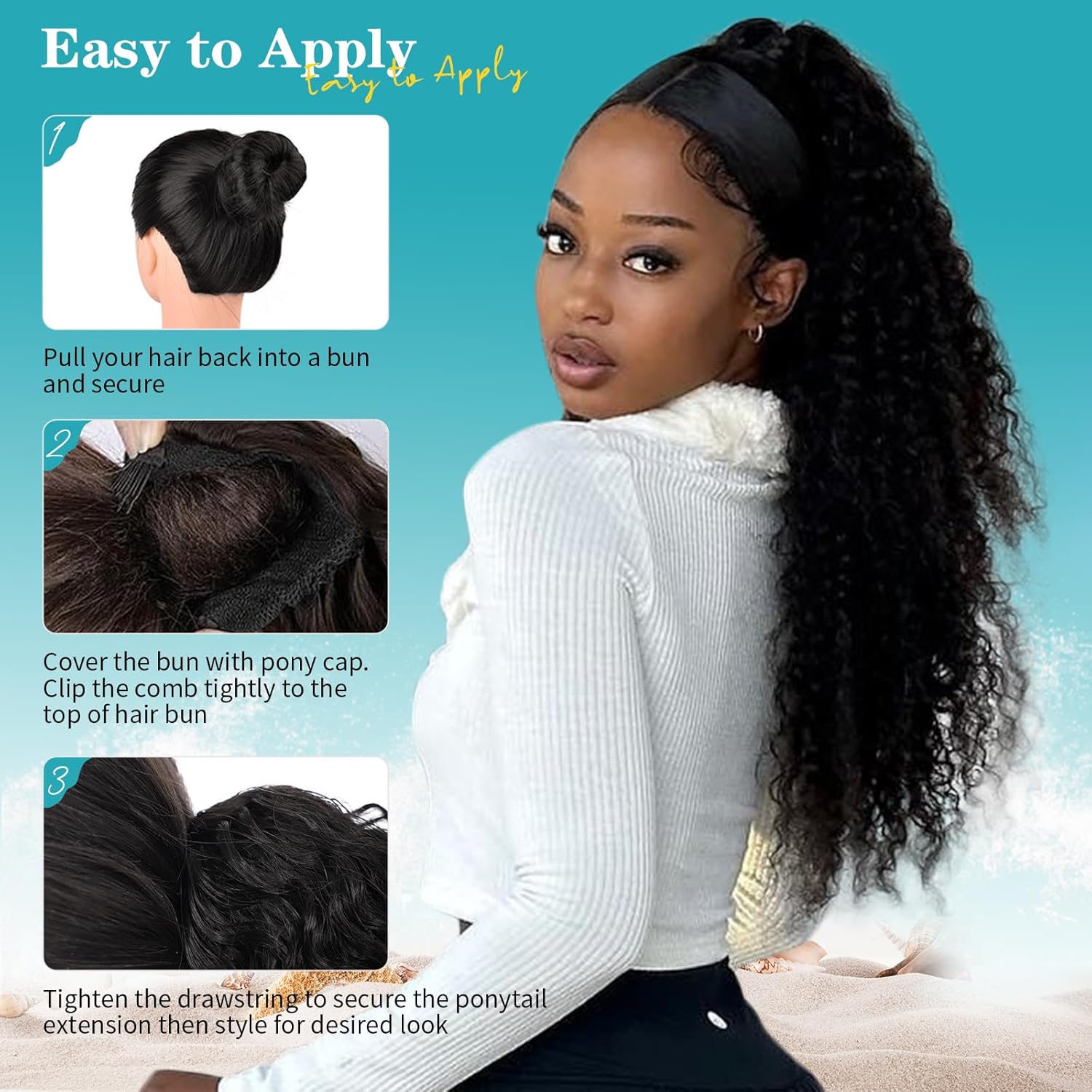 Kalyss Drawstring Ponytail for Black Women Deep Curly Ponytail Extension Synthetic Mixed with Human Hair Afro Kinky Curly Pony Tail Hairpieces for Daily Wear, Natural Black, 27 Inches