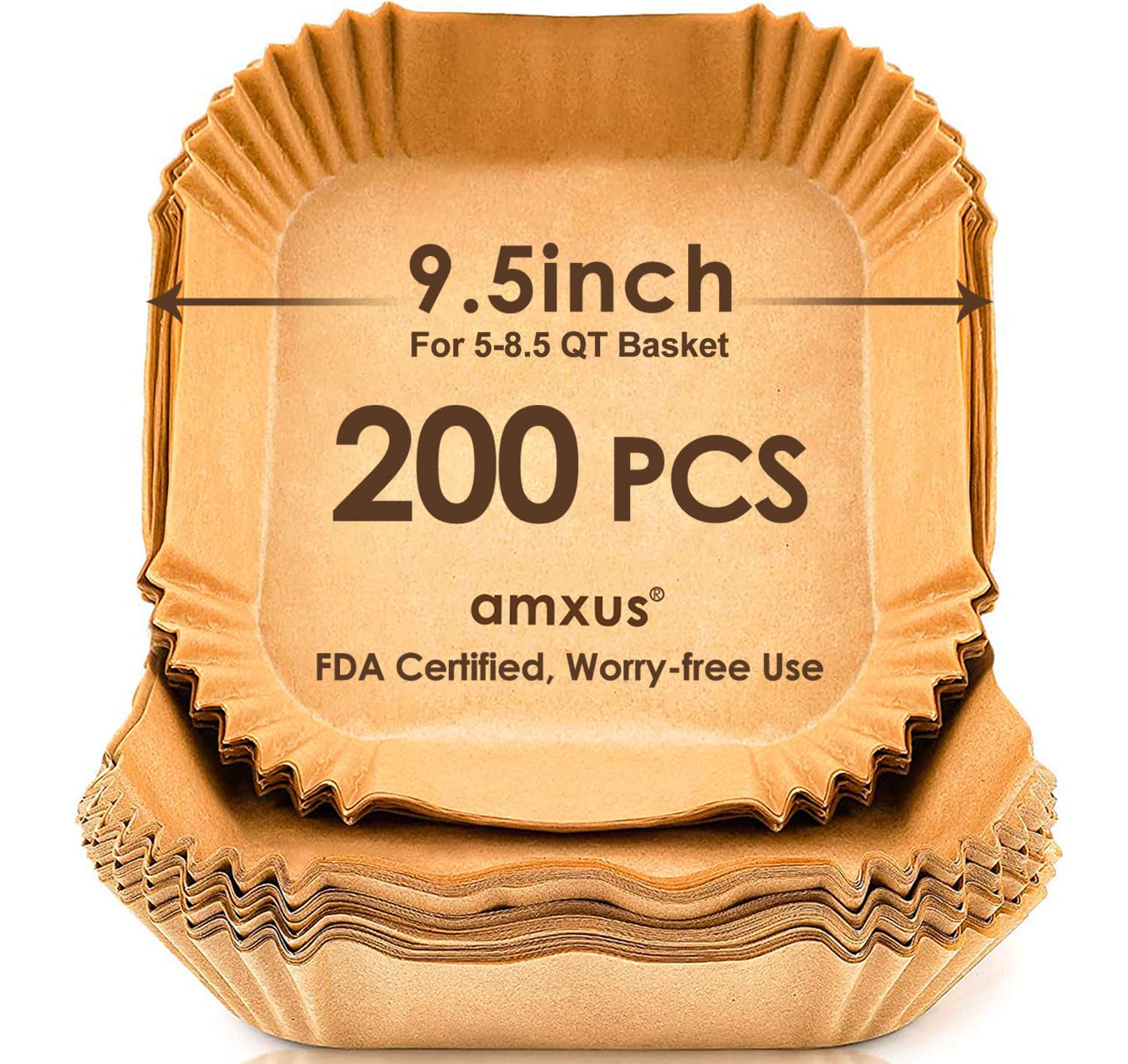 200PCS Air Fryer Paper Liners, 9.5 Inch amxus Square Air Fryer Disposable Paper Liners, Non-Stick, Oil-Proof, Food Grade Paper Liner for Baking Roasting Microwave