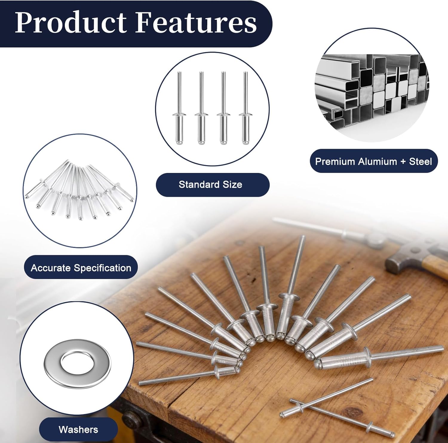 ZQZ 970Pcs Aluminum Pop Rivets with Washer Assortment Kit, 14 Sizes Silver Rivets with 3/32" 1/8" 5/32" 3/16" Blind Rivets, Assorted Pop Rivets Set