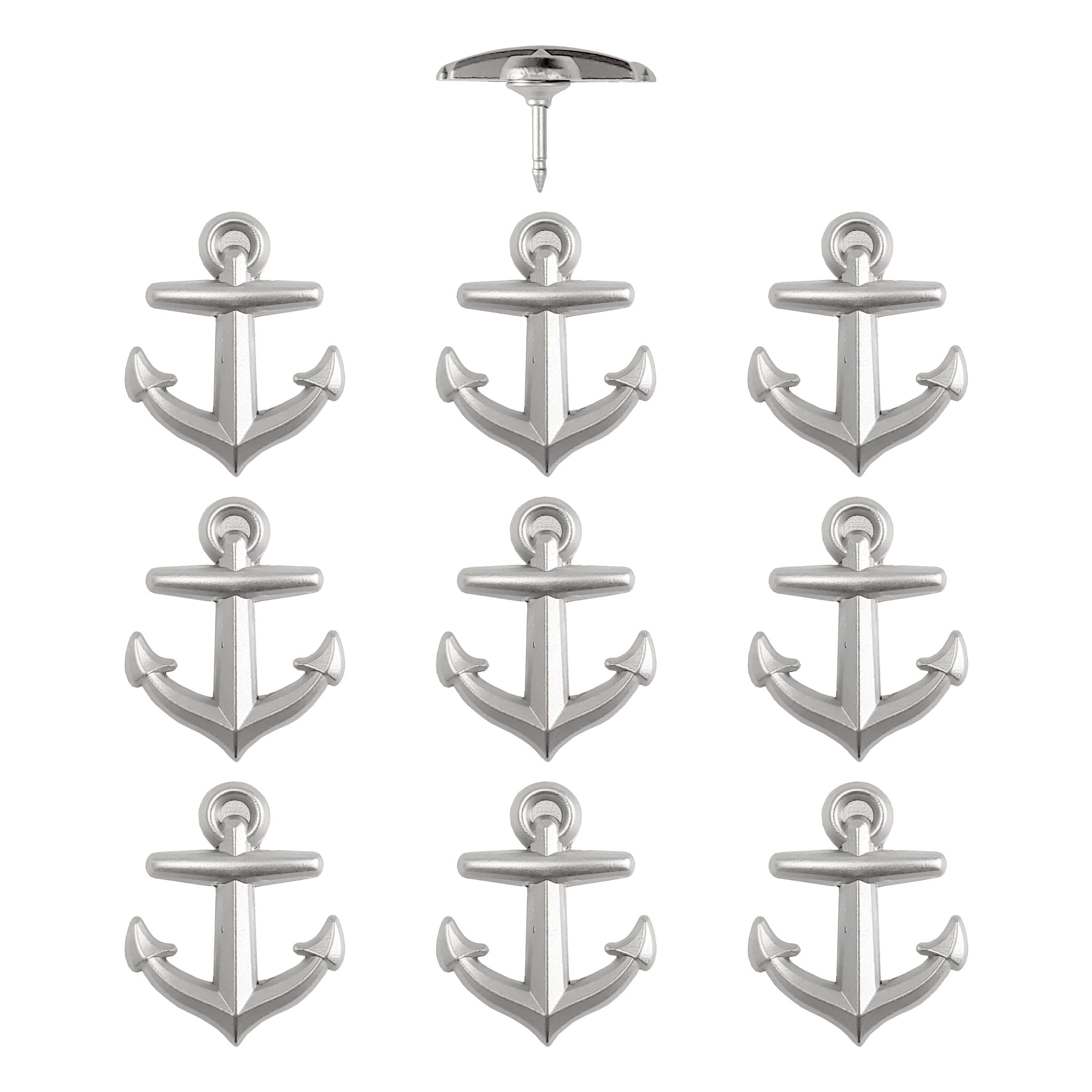 Anchor Push Pins - Silver Metal Anchor Pins - for Cork Board, Maps, or Lapel Pin Use - Designed in USA - Set of 10