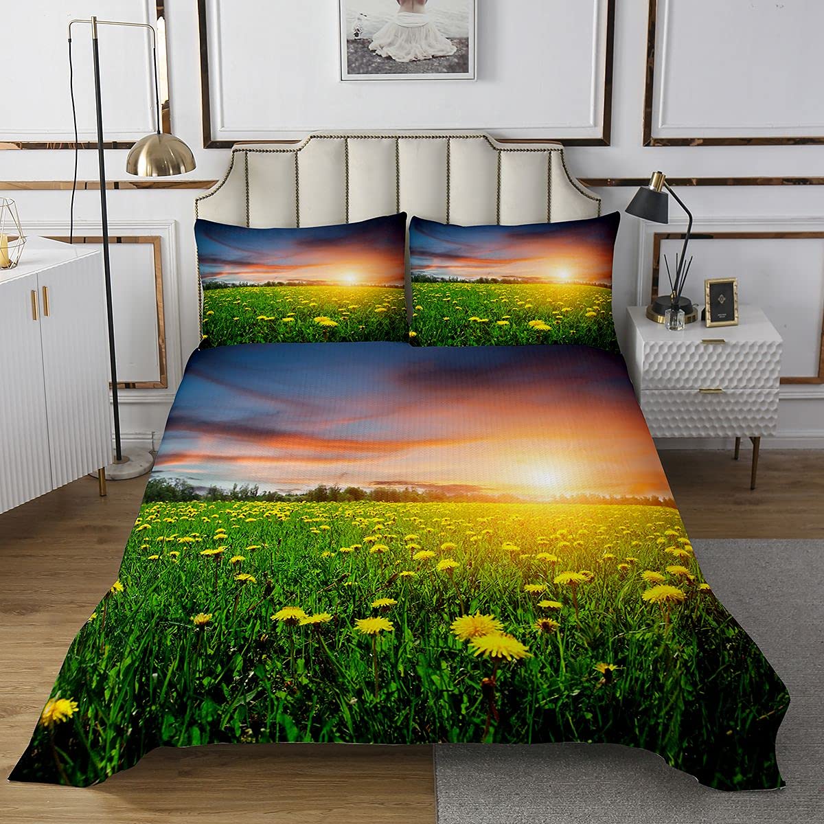 Loussiesd Copriletto trapuntato a margherita, con motivo floreale, trapuntato, per bambini, adulto, fiori, set di copriletto, set di 3 pezzi, con 2 federe per letto240x220cm