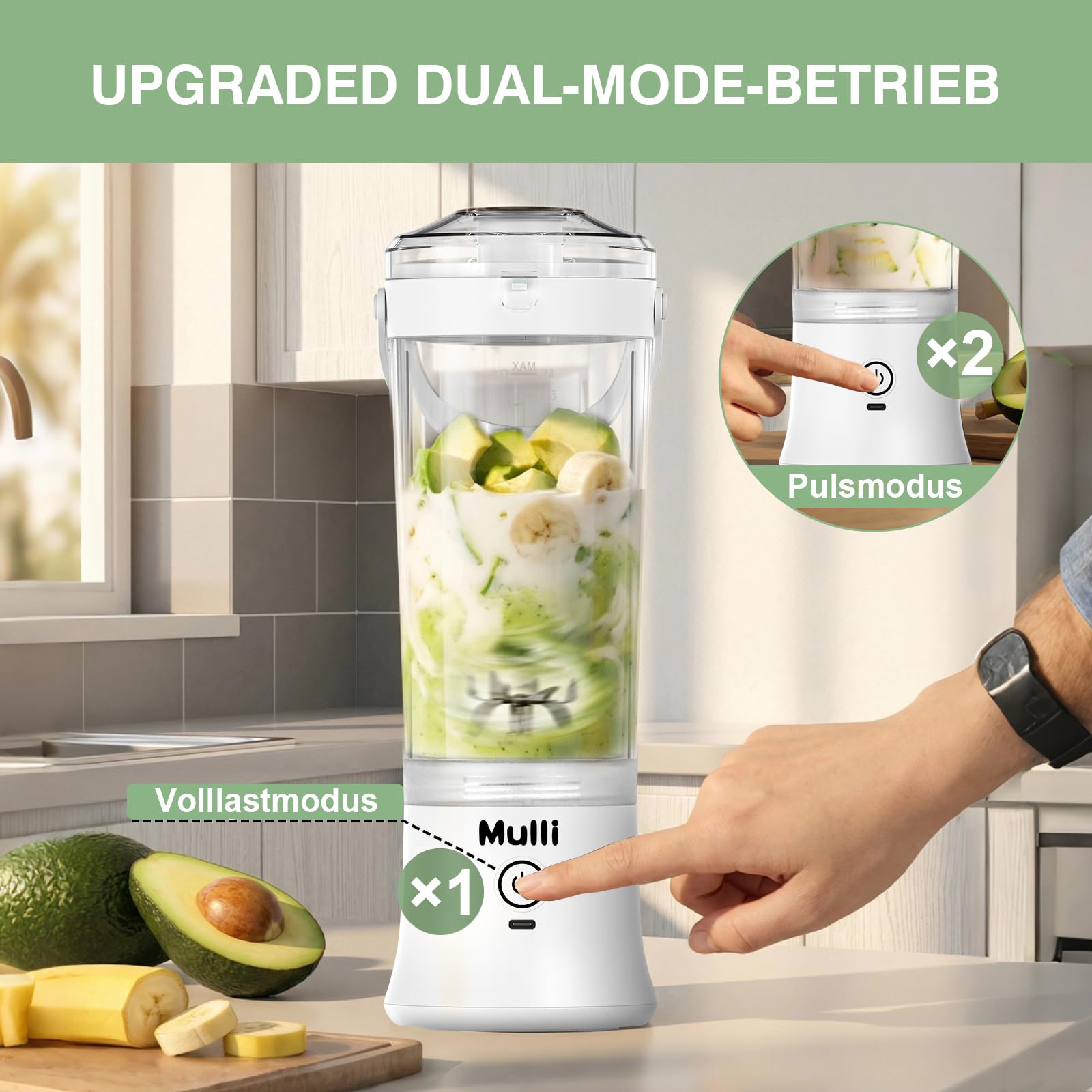 Mulli Mixeur portable amélioré – Mixeur USB-C de 17 oz avec couvercle anti-fuite, sans BPA, pour smoothies