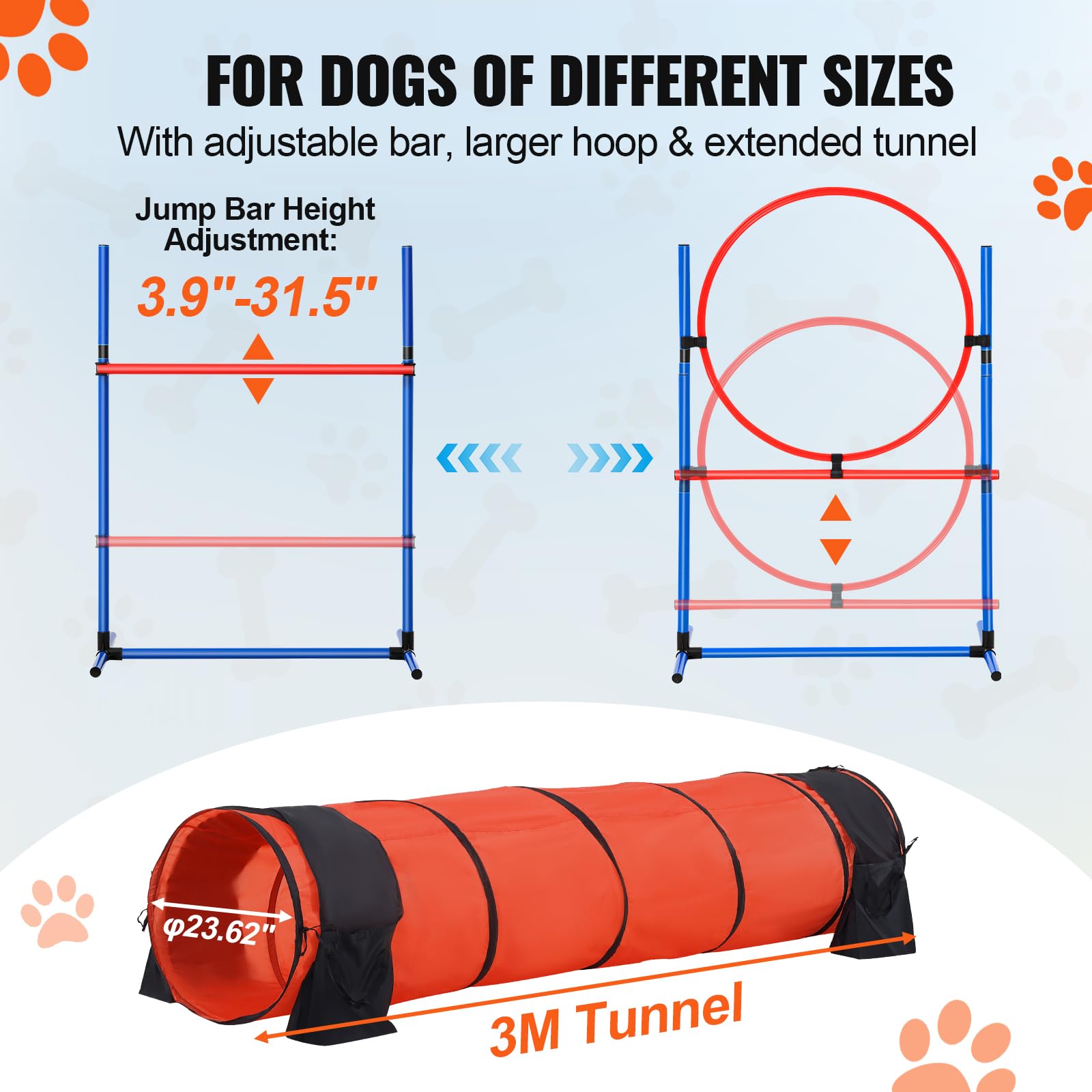 VEVOR Kit de Equipo de Entrenamiento de Agilidad para Perros 5 Piezas Carrera de Obstáculos para Cachorros con Vallas Altas Ajustables 6 Postes Túnel Anillo de Salto Caja de Descanso Silbato Cuenco