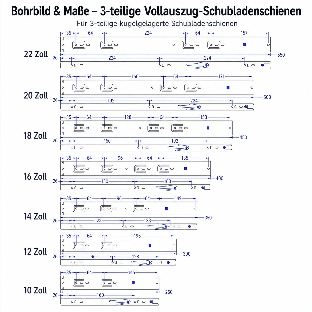 Lospitch 4 Paar (8 Stk.) Schubladenschienen Vollauszug 400mm mit Selbsteinzug, Kugelführung, verzinkter Stahl, 45 mm Schienenhöhe, bis zu 45 kg Tragkraft pro Paar