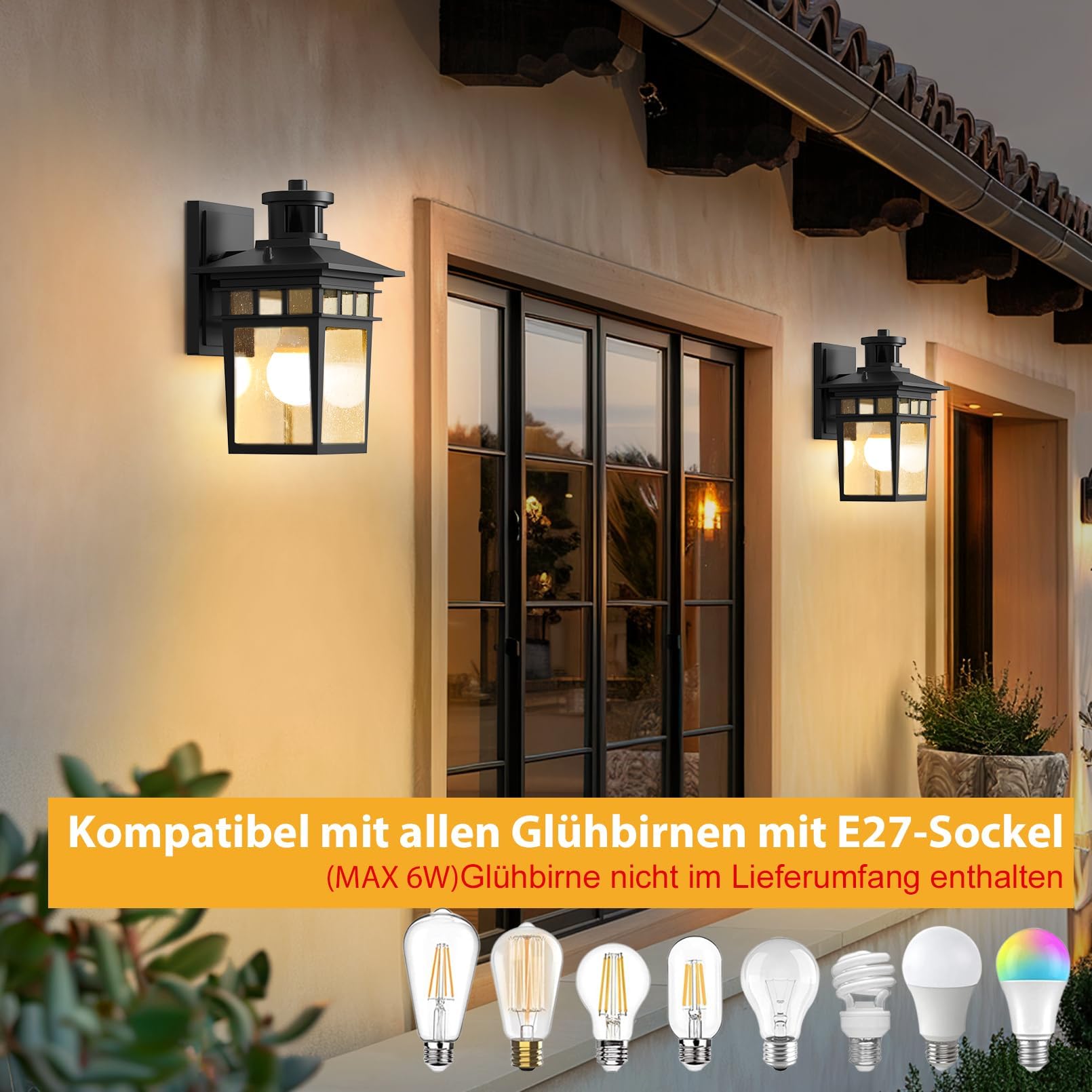 Aussenlampe mit Bewegungsmelder, 3 Beleuchtungsmodi Lampe mit Bewegungsmelder Aussen, E27-Fassung Wasserdichtes Aluminium Außenwandleuchte Led für Haus