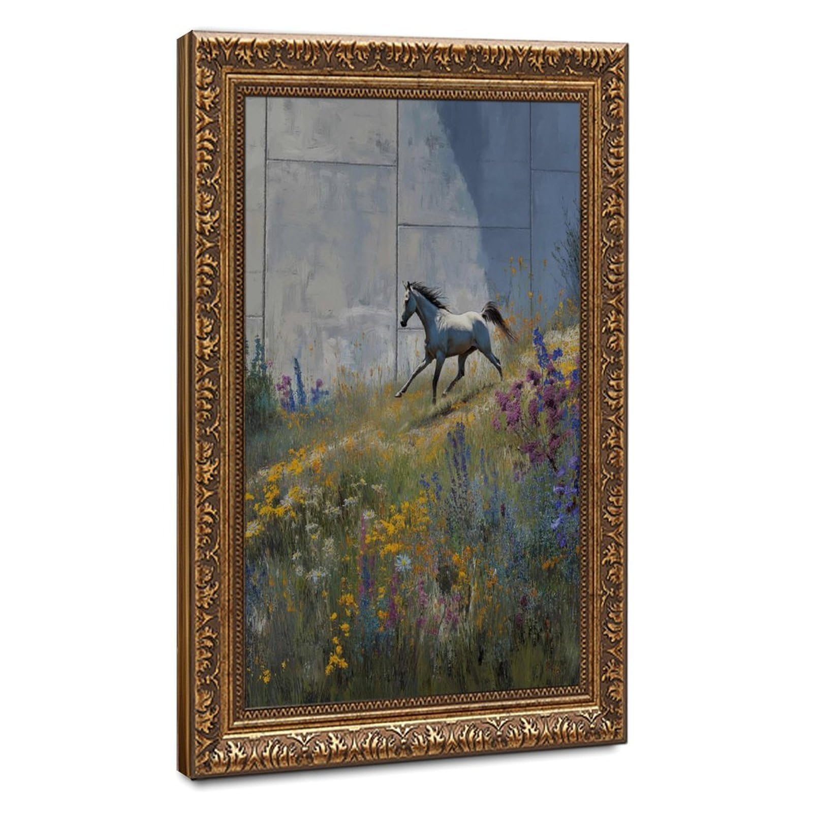 Bareronor White Horse Wildflower Poster Canvas Poster Bedroom Decor Landscape Office Room Decor Gift 24" L X 36" W