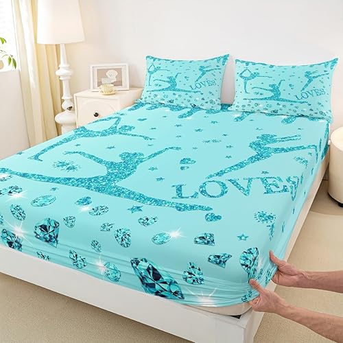 Miniatura 6 de Erosebridal Juego de ropa de cama de gimnasia con purpurina verde azulado, para adolescentes y niñas, con lentejuelas azules y diamantes, para