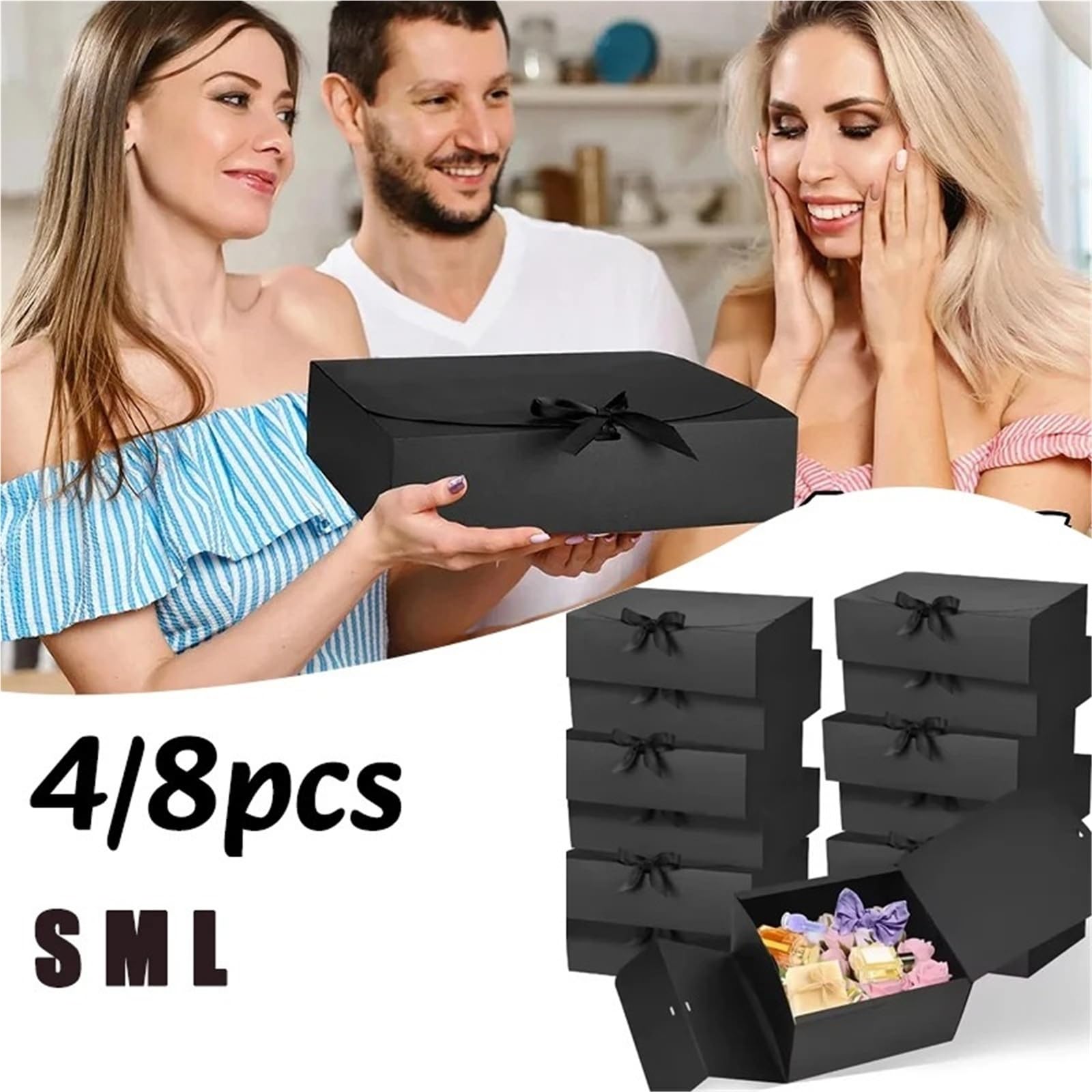 Confezione regalo nera da 4/8 pezzi con nastro sul coperchio