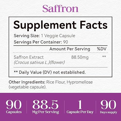 Miniatura 5 de Suplementos de azafrán, cápsulas de extracto de azafrán 100% puro de 88.5 mg  Apoyo energético para los ojos para mujeres y hombres, sin OMG y sin