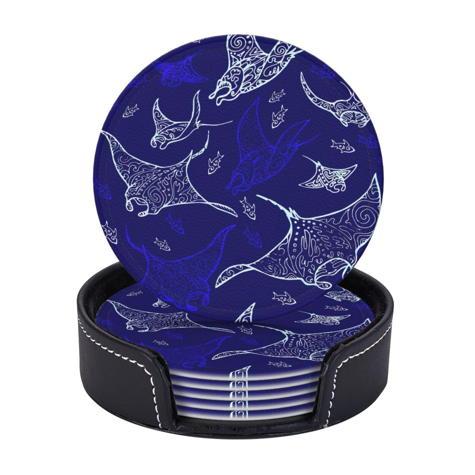 6 Pcs Manta Ray and Fish Print Leather round Coasters with Holder for Coffee Bar Kitchen Table Decor