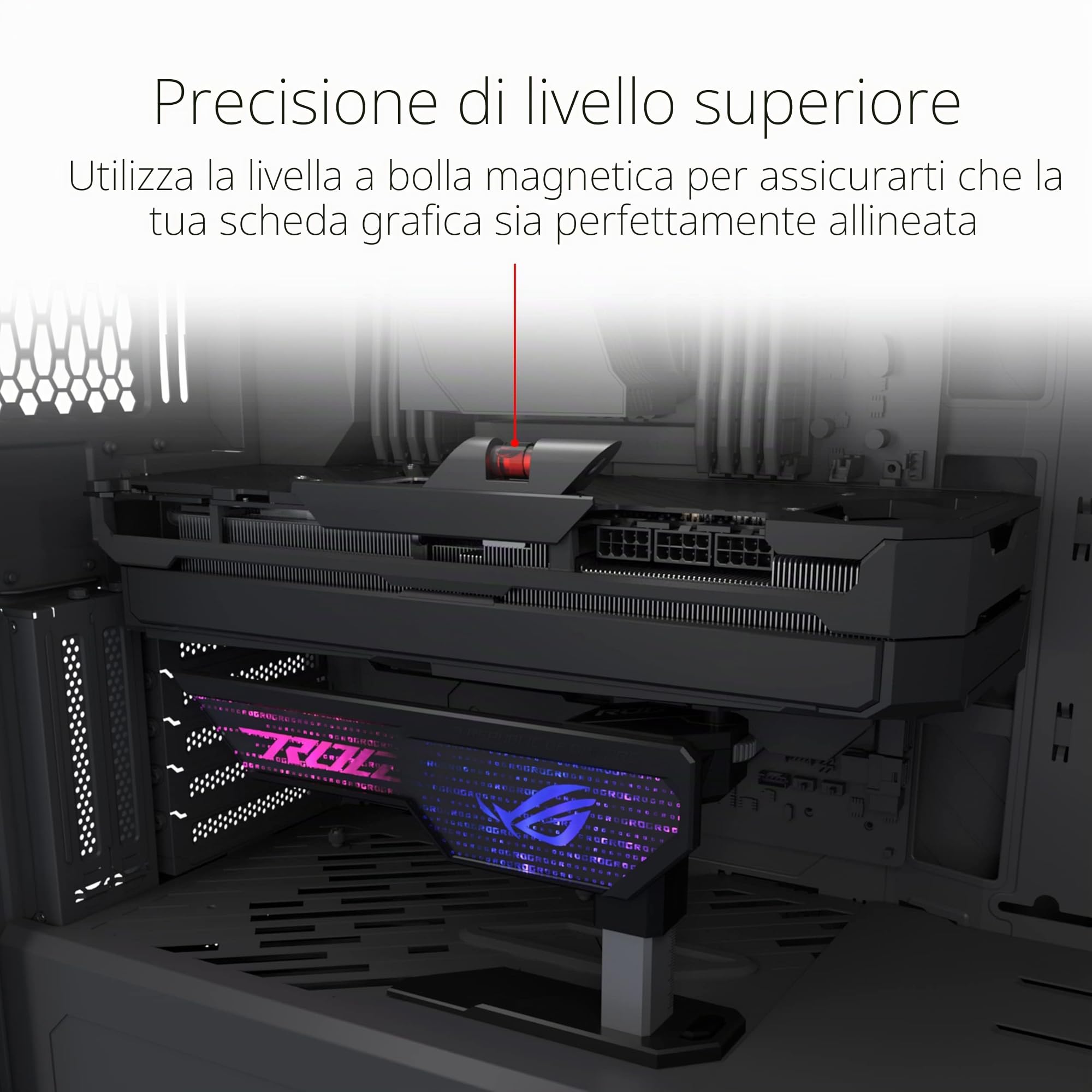 ASUS ROG Herculx Sostegno Per Scheda Grafica, Montaggio Senza Attrezzi, Comoda Livella Integrata, Struttura in Lega Di Zinco, Altezza Regolabile da 72 a 128mm, Aura Sync, Nero