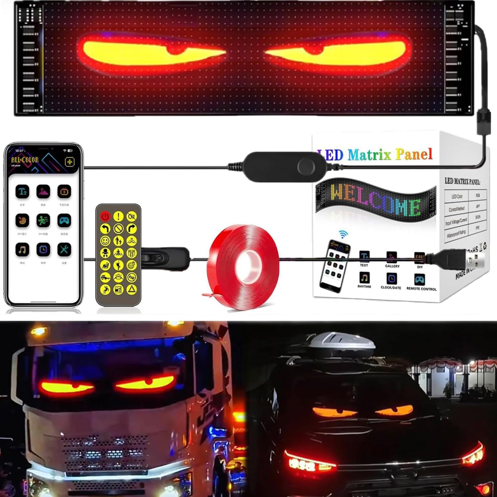LED-Augen für LKW Und Auto, Bunte Augen, Teufelsaugen, Großes Programmierbares Flex-LED-Display für Autos, Dynamische Led, Intelligentes DIY-Auto, Dynamischer LED-Flex-Bildschirm für Jedes Auto
