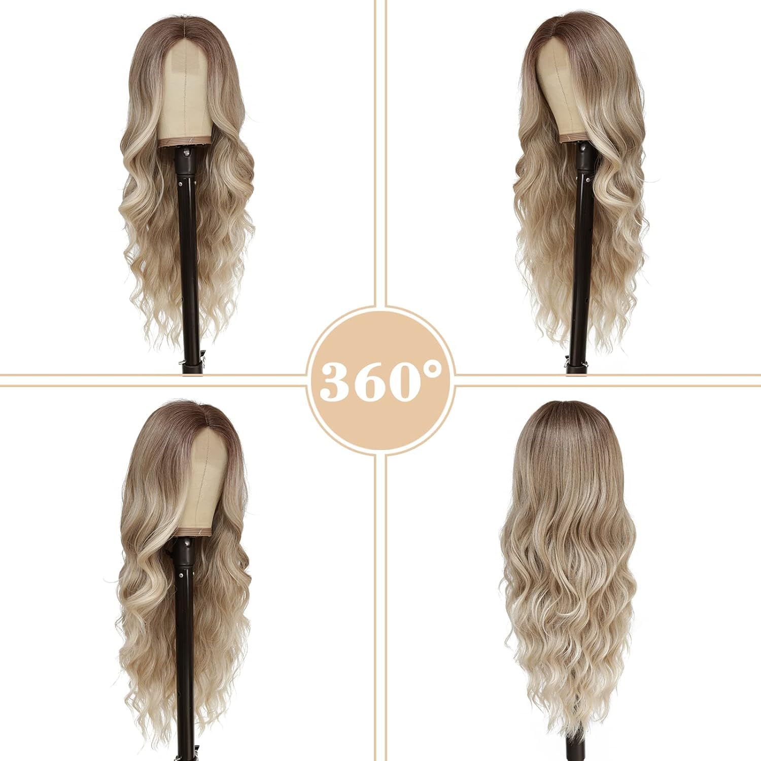 PORSMEER Long Blonde Wavy Wig for Women -Lace Middle Part Curly Synthetic Heat Resistant Fiber Wig for Daily Party Use (Ombre Blonde) 26 Inch - Image 4
