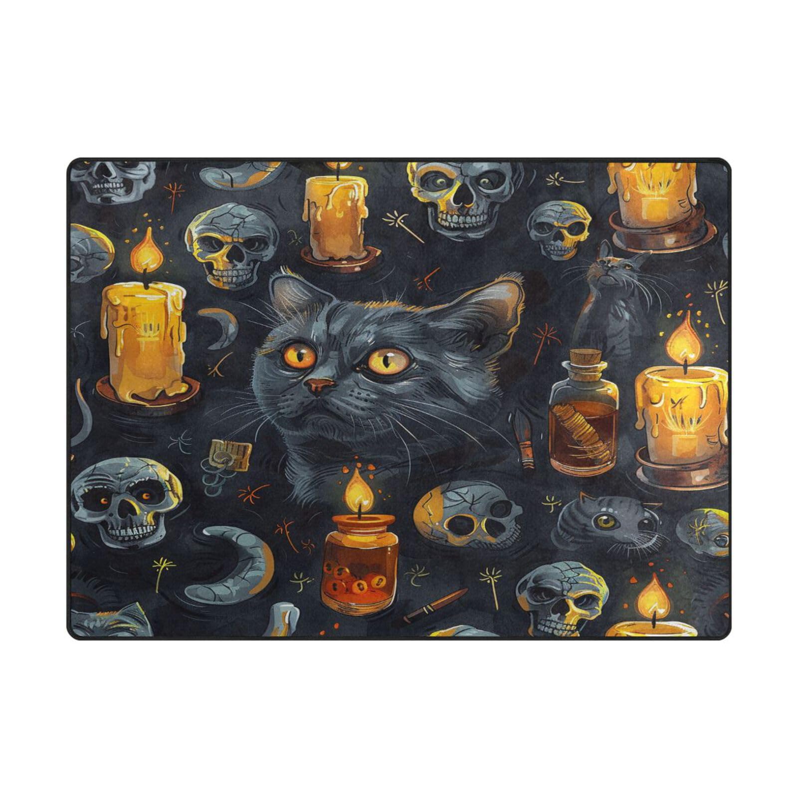 Grand tapis de sol noir tête de mort et chats 203x147 cm Mnsruu pour salon
