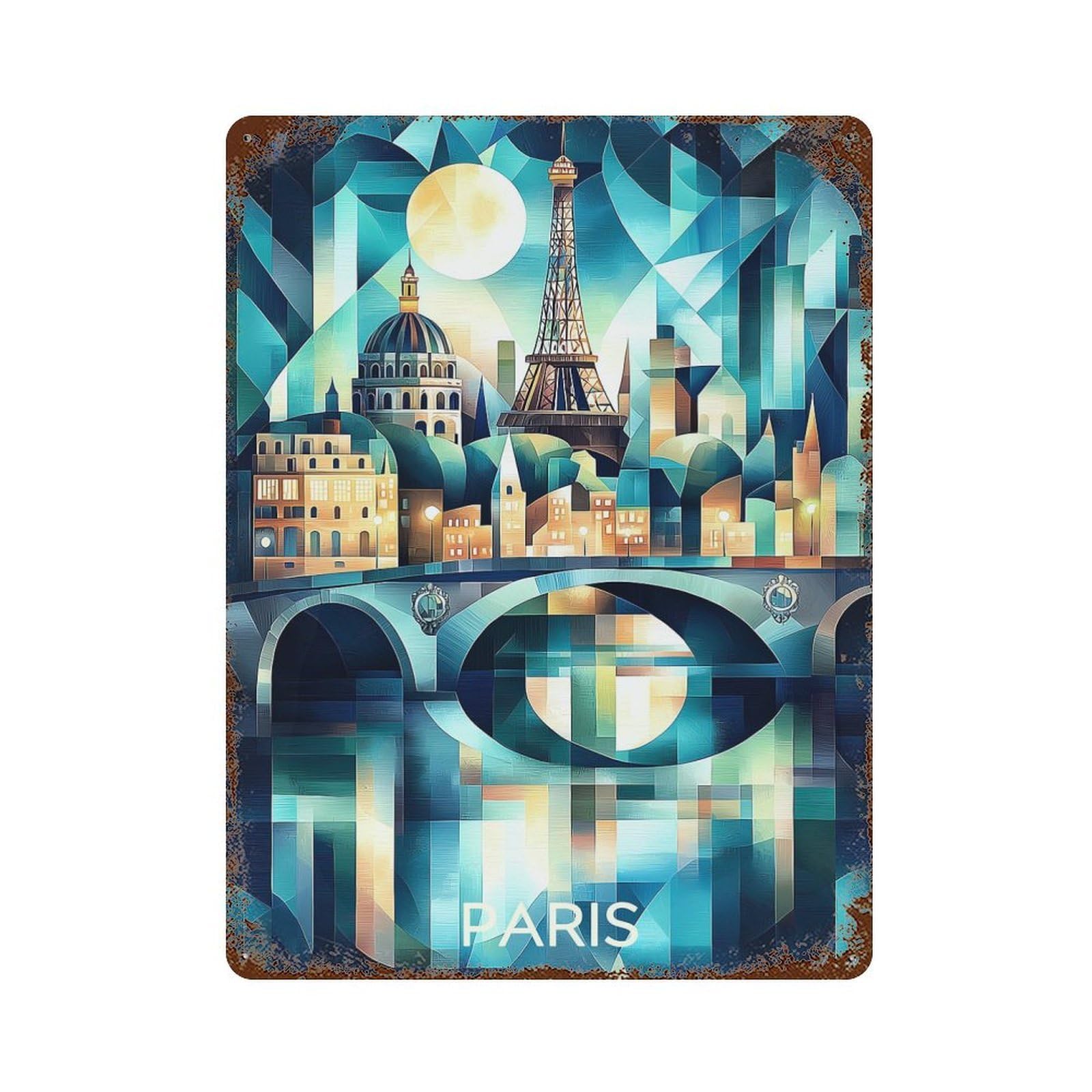 Cubist Paris Skyline with Eiffel Tower And Seine Decorative Tin Sign 15.7"x11.8", for Farmhouse, Kitchen And Entryway Decor, Shabby Chic Decor