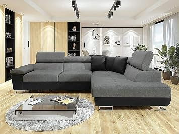 ANTON Black & Grey Fabric Corner Sofa Bed | Double Bed | large sofas settee for living Rooms | Left hand & Right hand side suite RIGHT HAND SIDE