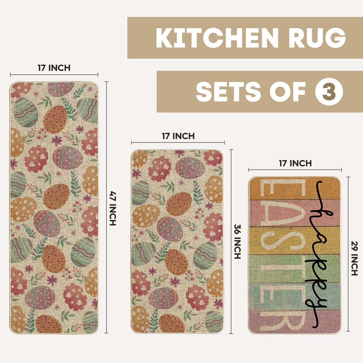 Artoid Mode Colorful Eggs Happy Easter Kitchen Mats Set of 3, Spring Home Decor Low-Profile Kitchen Rugs for Floor - 17"x29"+17"x36"+17"x47"