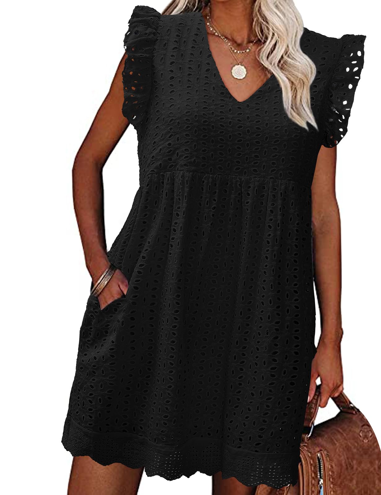 heekpek Abito Estivo Donna Scollo a V Vestito Corto Donna Cotone Senza Maniche con Volant Abiti Leggero Jacquard Abito a Canotta Casual Abito Mare da Spiaggia con Tasche