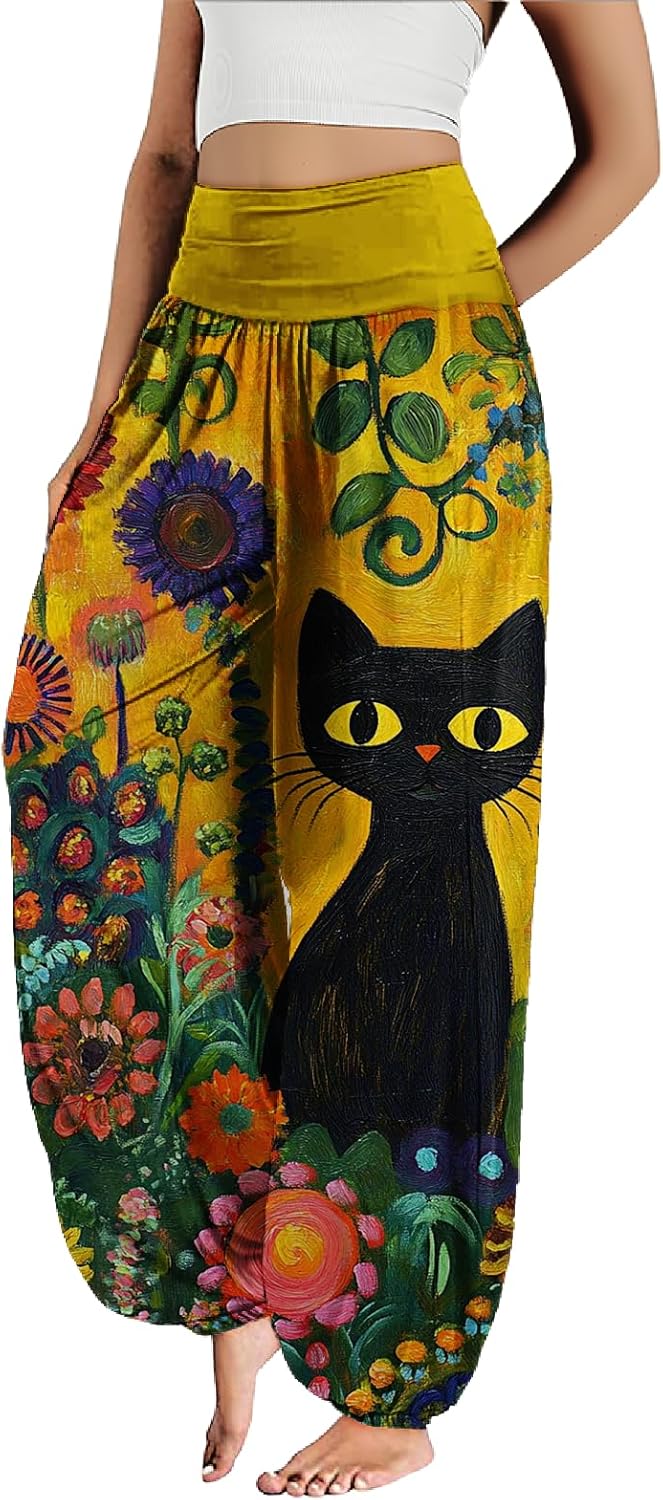 MARSVOVO Harem Pants Women Novelty Print Art Style Wide Leg Plus Size High Weist Flowy Japanese Pants