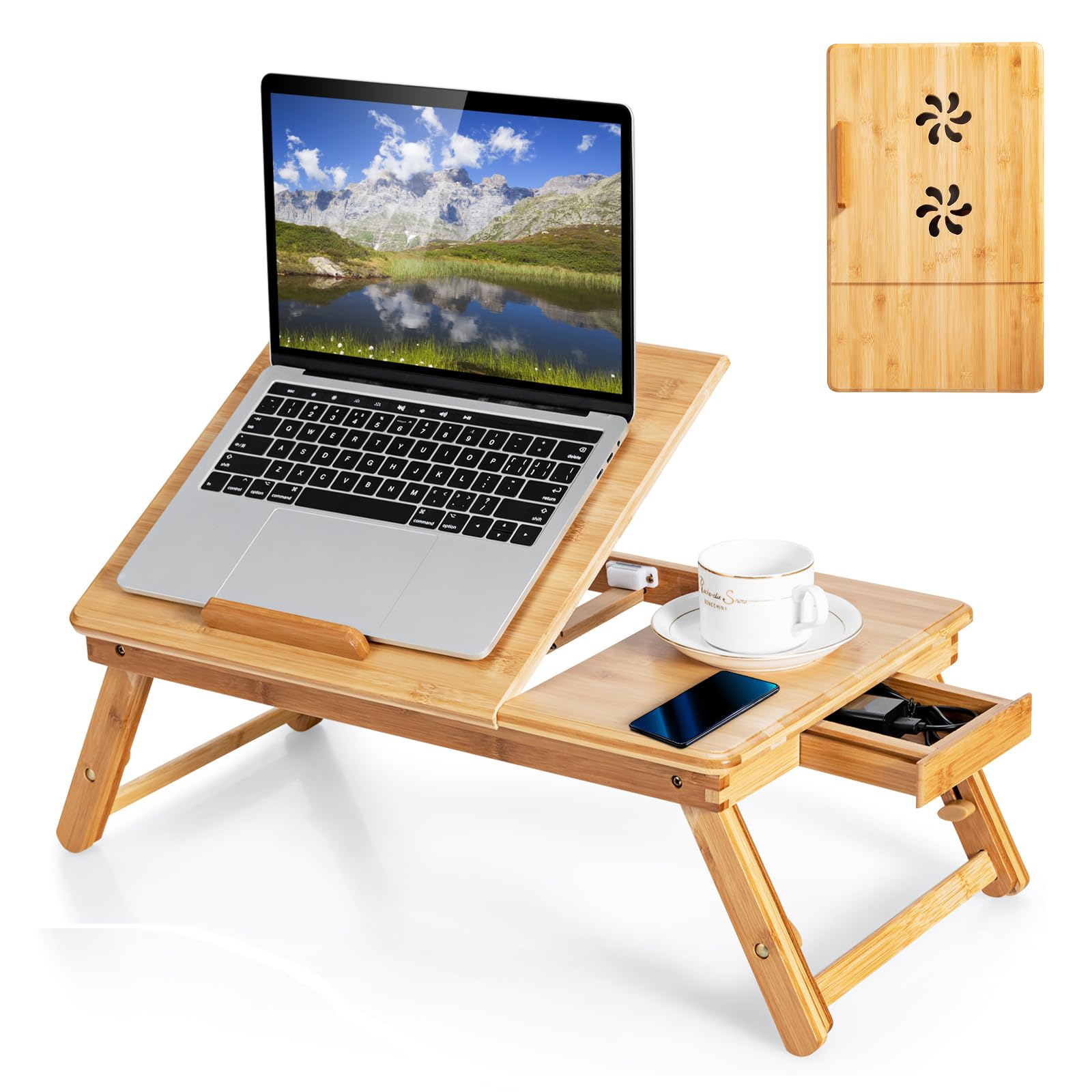 GiantexBamboo Laptop Desk, Height Adjustable Lap Tray with Tilting Top, Drawer & Cooling Holes, Portable Breakfast Serving Tray with Folding Legs, Bed Desk Table Tray Stand for Home Office, Bedroom