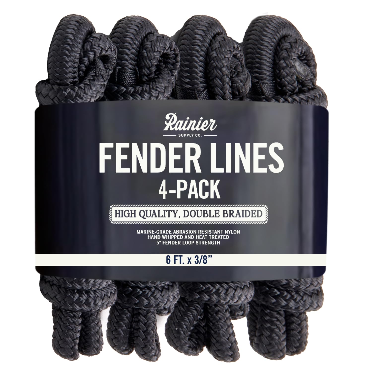 RainierSupplyCo Boat Fender Lines - 4 Pack Bumper Rope Dock Lines - 6' x 3/8" Premium Double Braided Nylon Boating Ropes for Docking with 5" Loop - Mooring Ties & Boat Accessories - Black