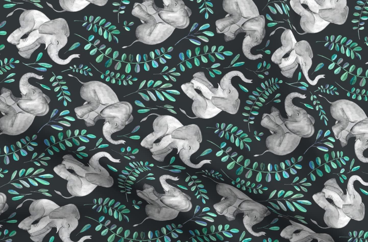 Spoonflower Fabric - Rotated Laughing Elephants Emerald Turquoise Leaves Large Print Printed on Petal Signature Cotton Fabric Fat Quarter - Sewing Quilting Apparel Crafts Decor