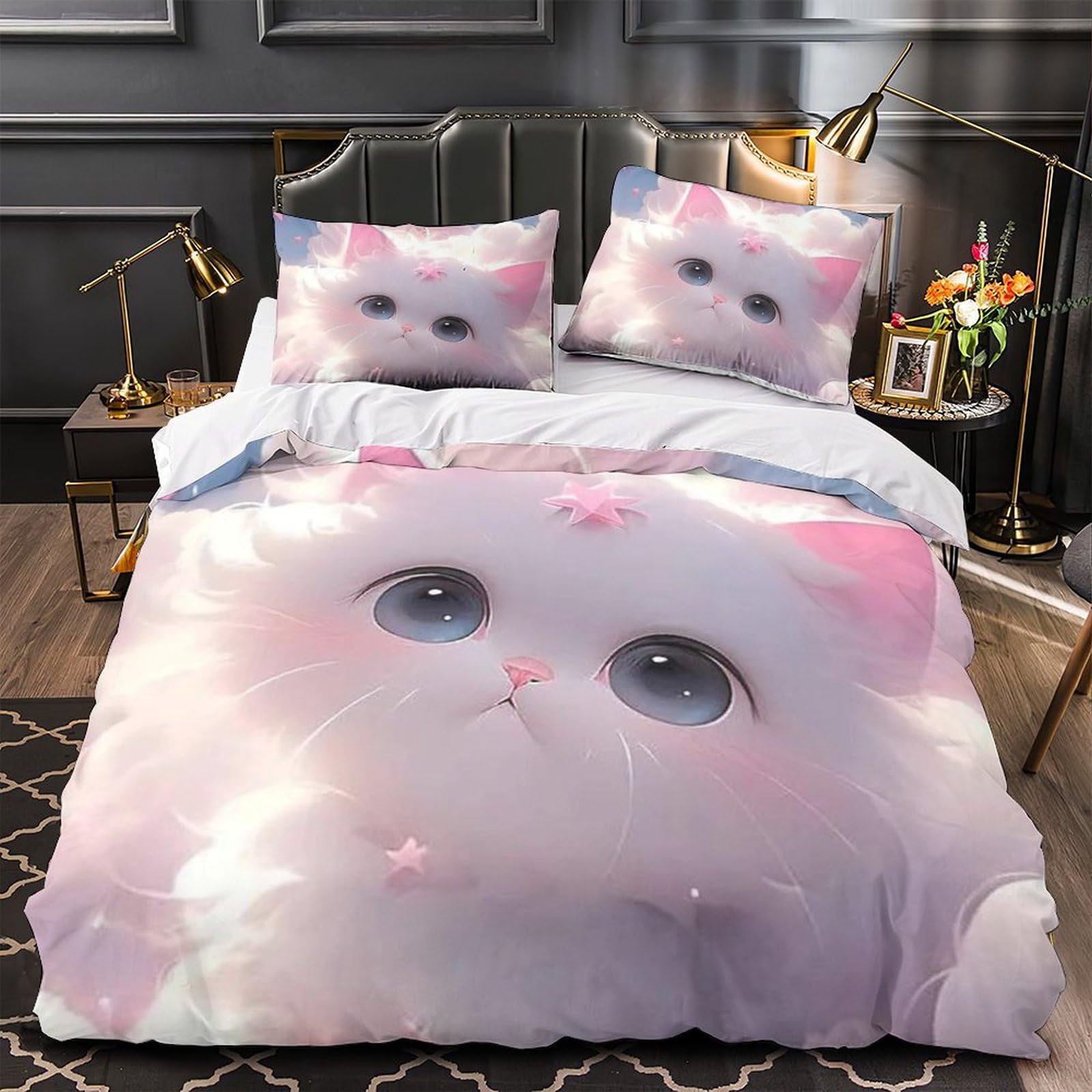Housse de couette animal chat mignon parure de lit 3 pièces king 220x240