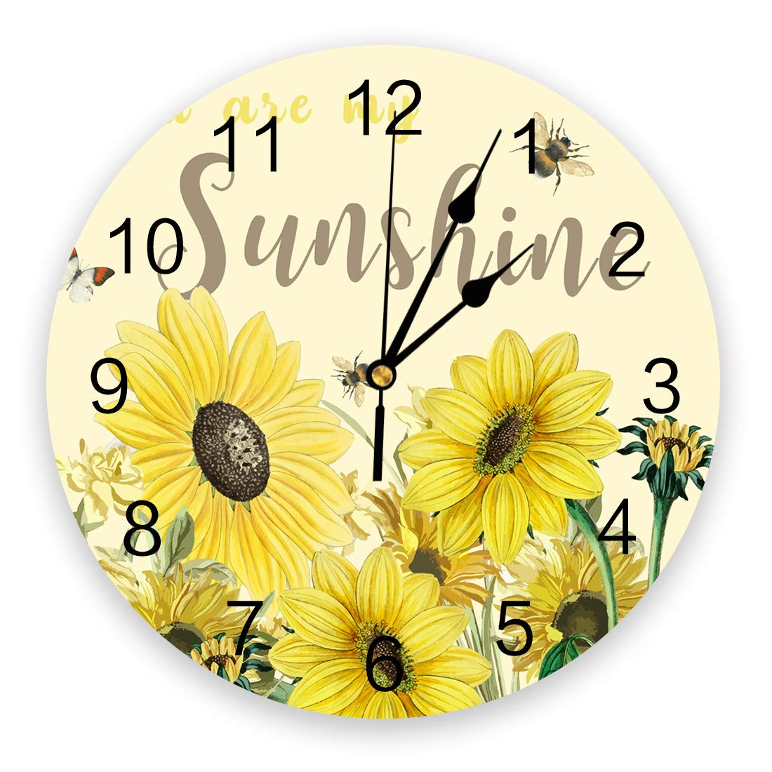 Infinidesign Sunflower with Bees PVC Wall Clock Silent Non-Ticking Battery Operated Clocks, Round Clock for Home Living Room Office School Kitchen Bedroom Wall Decor 12 Inch Blooms My Sunshine