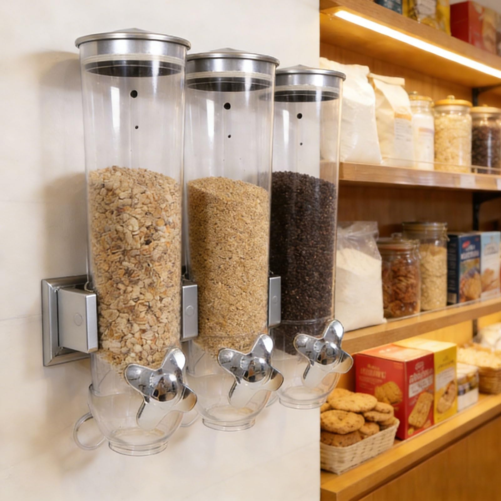 ZHJOPP Dry Food Dispensers Large Capacity Candy Dispensers, Wall Mounted Cereal Dispenser,For Kitchen Storage Oatmeal Snack Coffee Beans (Silver)