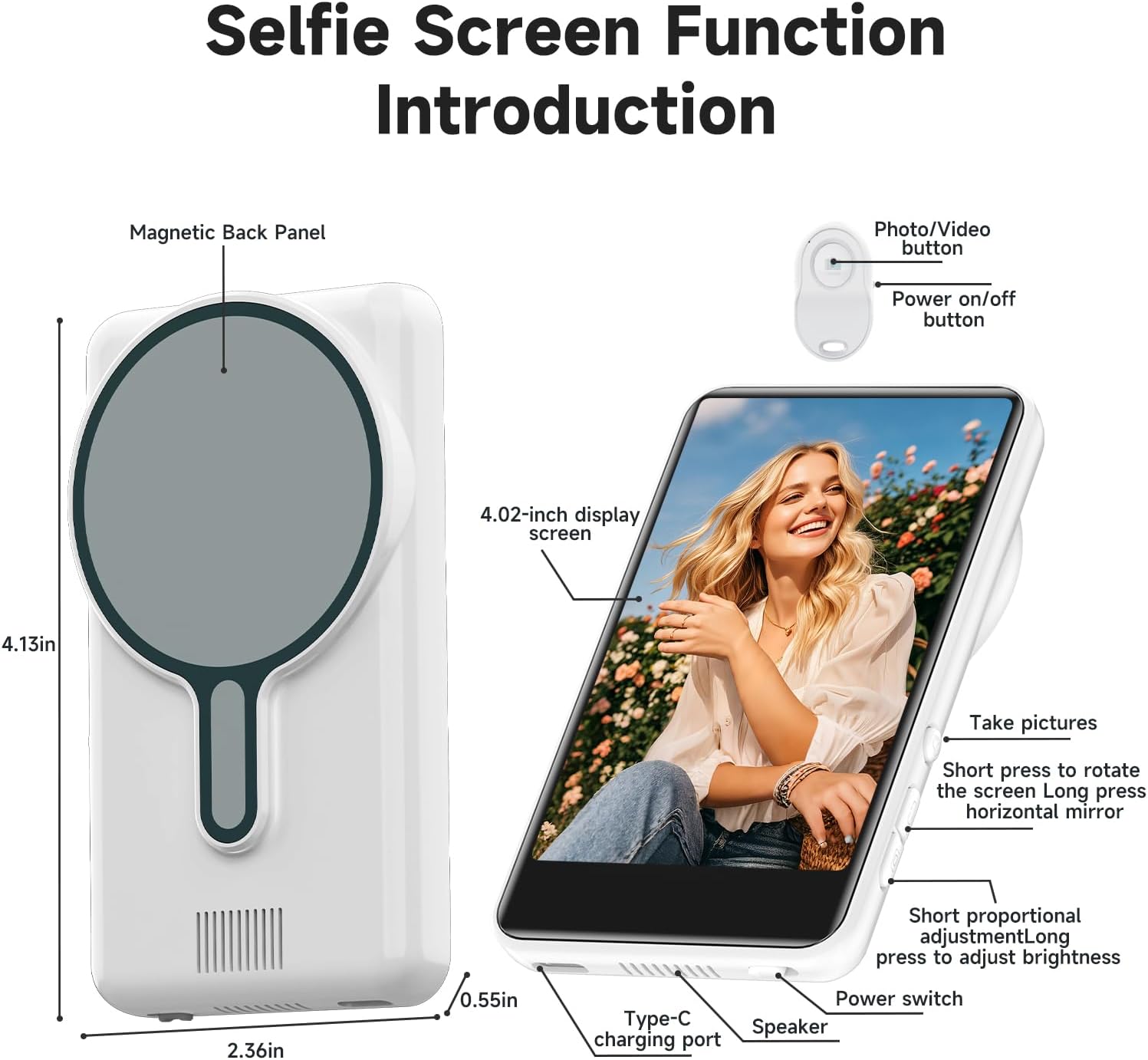 Vlog Selfie Monitor Screen, Back Camera Monitor Screen for iPhone, Wireless Magnetic Phone screen mirroring with Bluetooth Remote Speaker for YouTube Live Stream TikTok, Compatible with iPhone Android